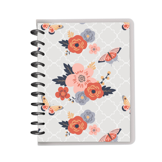 Warm butterflies and florals with grey designed background notebook